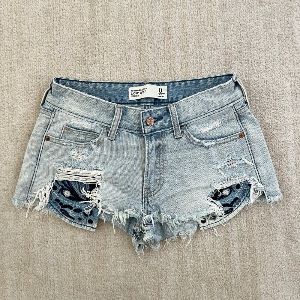 Abercrombie & Fitch Y2K Low Rise Embroidered Blue Jeans Denim Cutoff Shorts 0/25